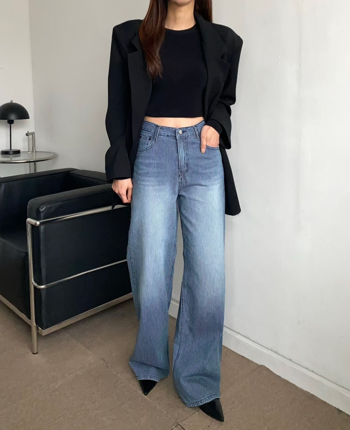 518直紋刷色牛仔寬長褲