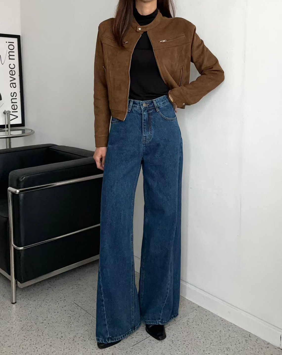 323斜切線牛仔寬長褲