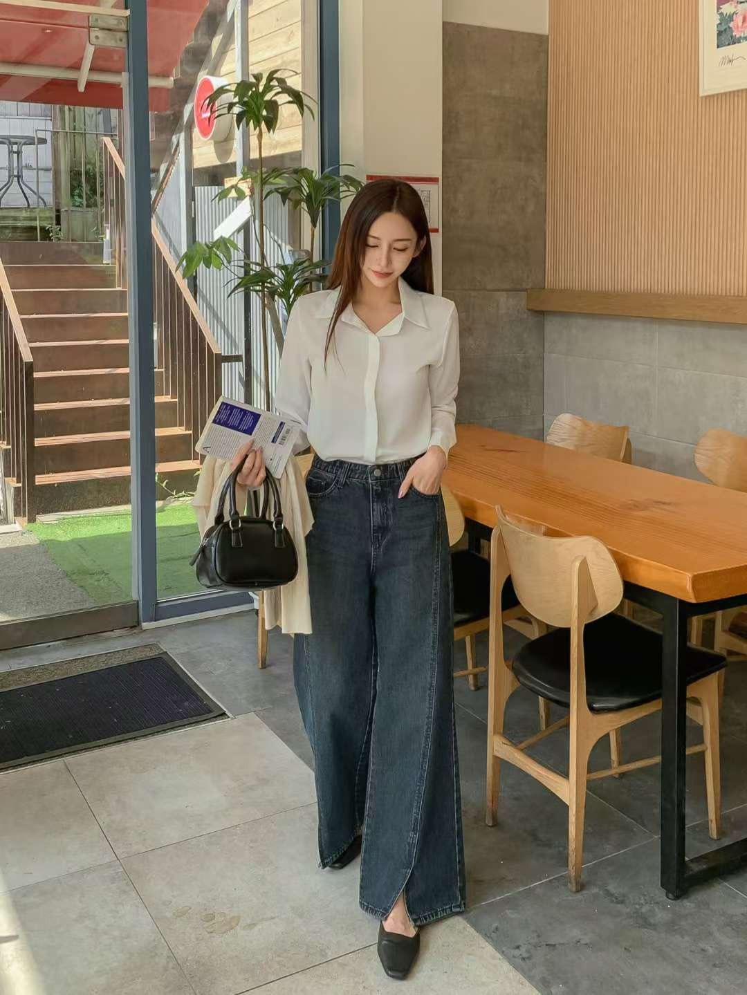 拼接紋前衩牛仔長褲