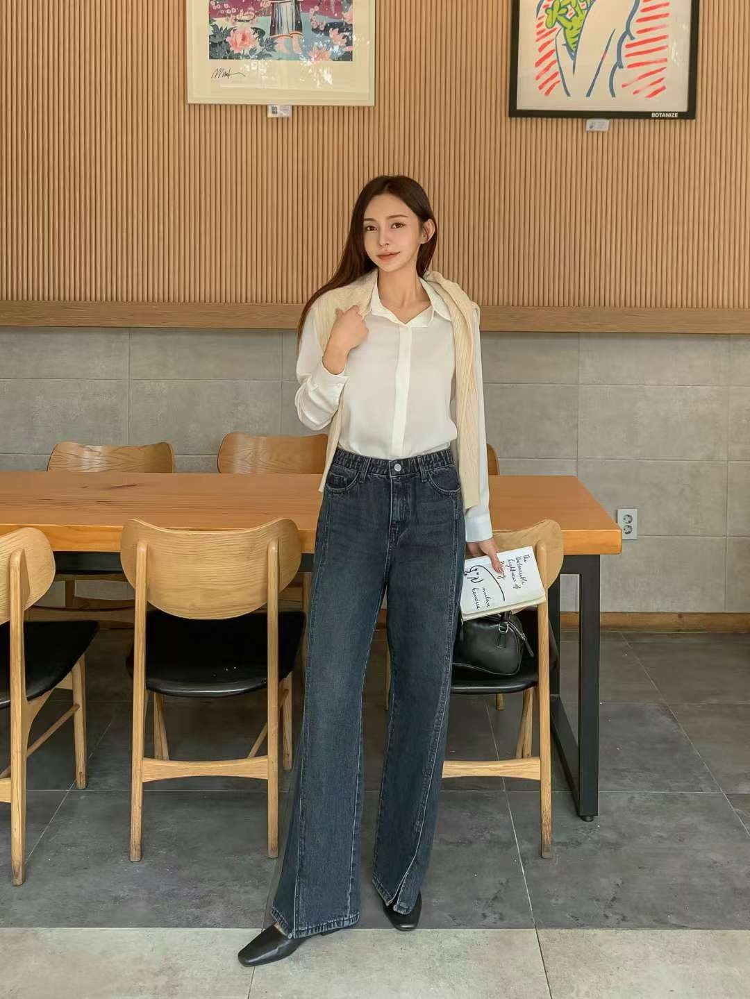 拼接紋前衩牛仔長褲