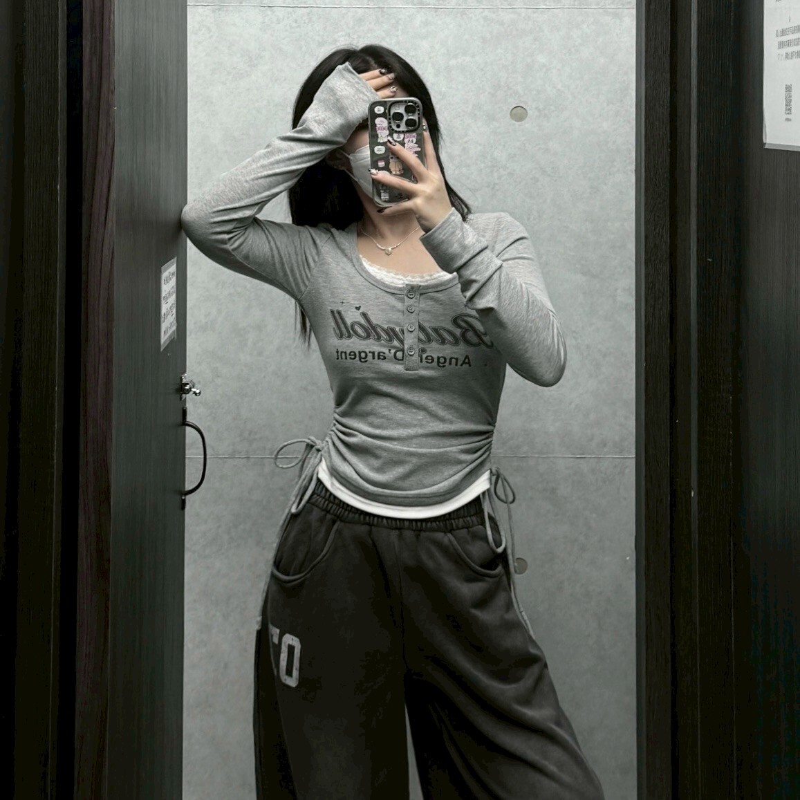 少女風側抓皺假兩件長T