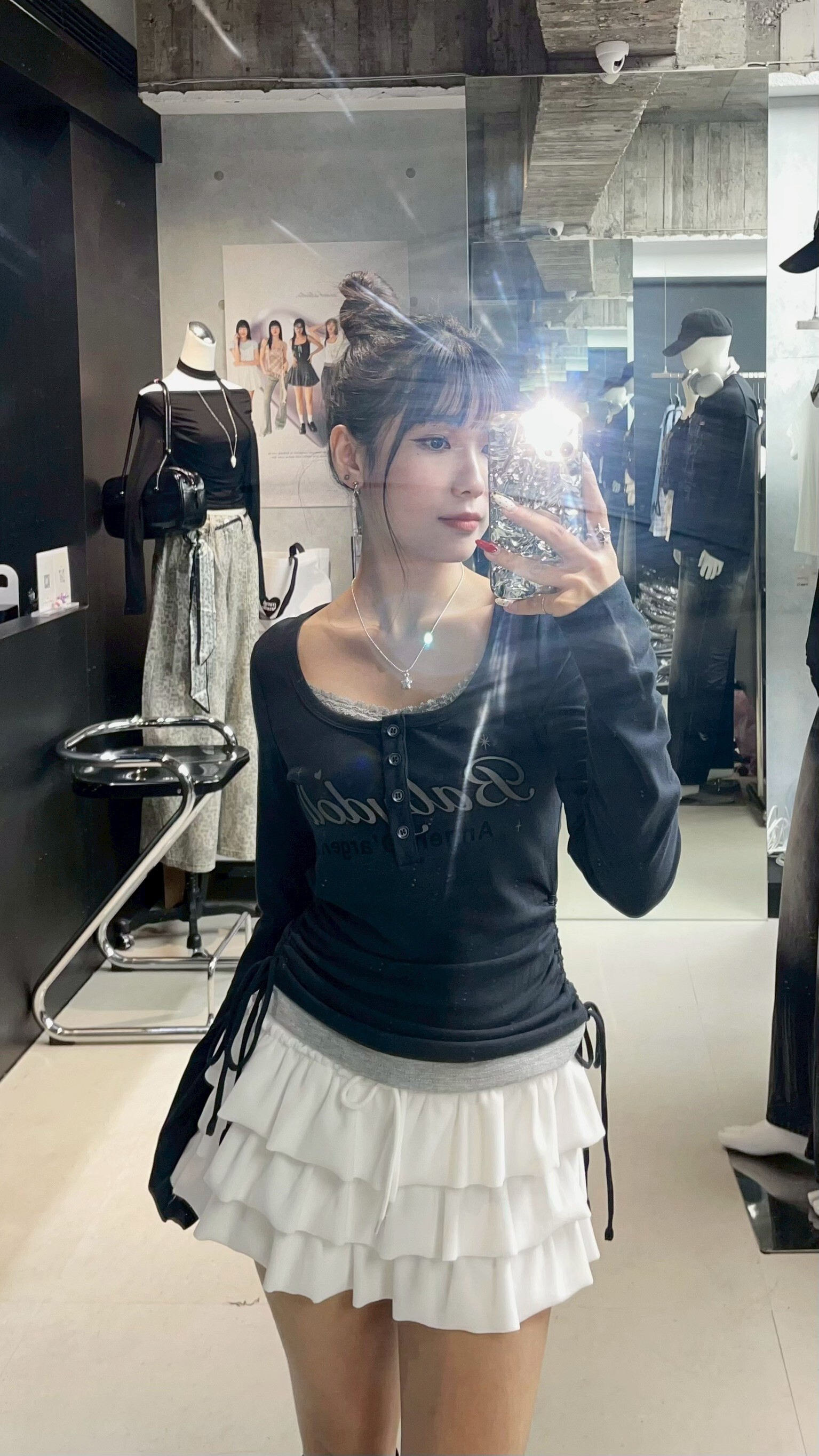 少女風側抓皺假兩件長T