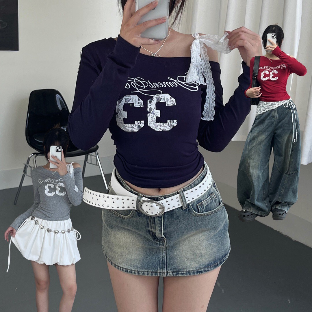 芭蕾風肩帶蕾絲33斜領上衣