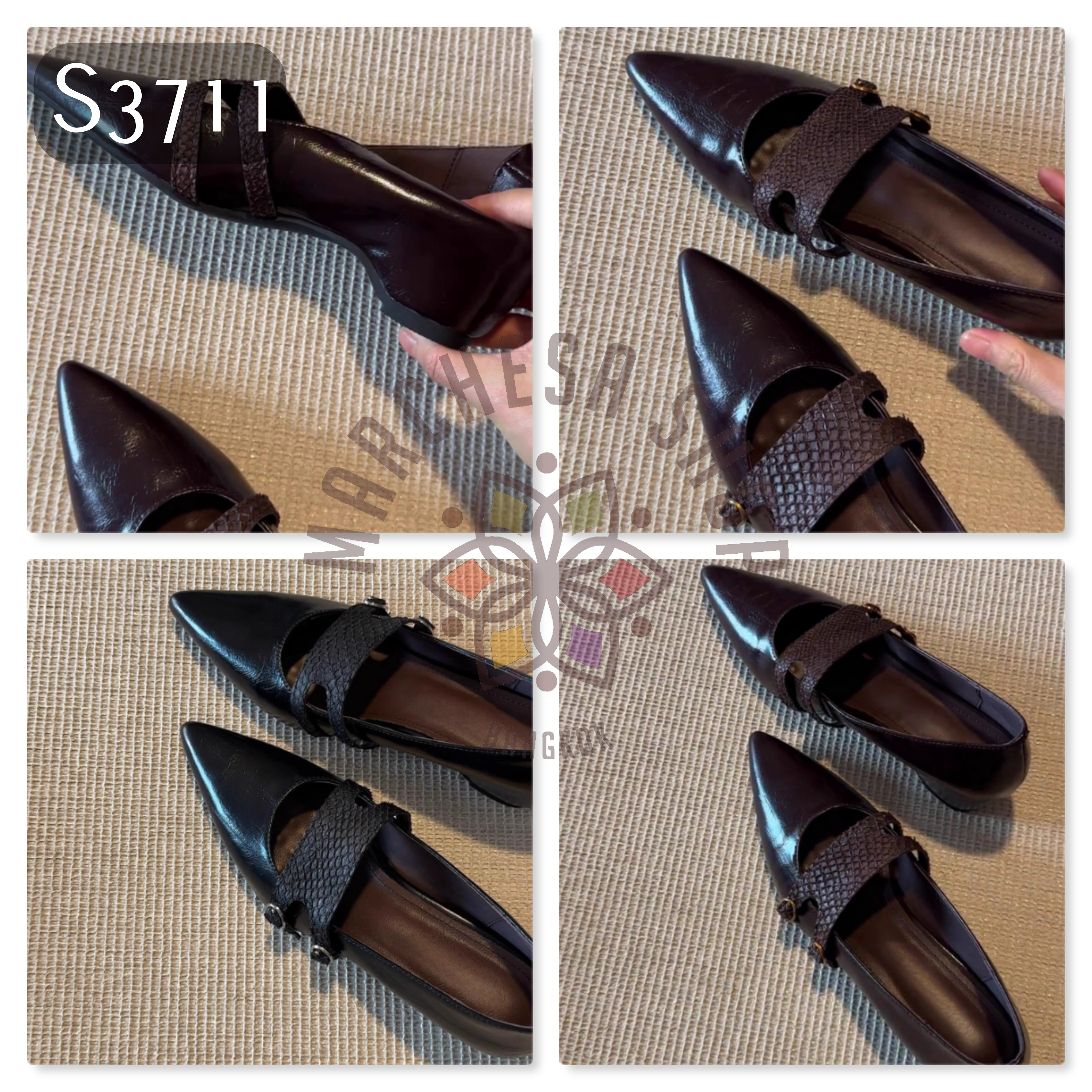 S3711 - 頭層羊皮蛇紋搭帶鏤空尖頭低踭鞋