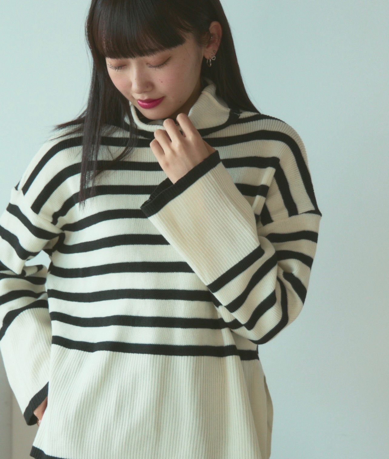 【預購】JN100603 BLANK 高領針織條紋上衣 (FREE SIZE)