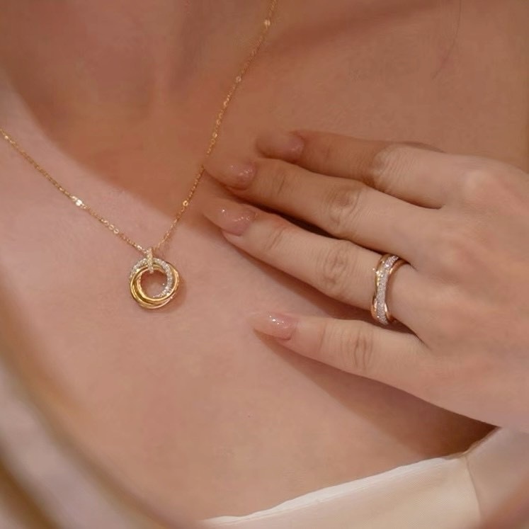 18k ct’Trinity三色環’滿天星鑽/光面高奢定製項鍊