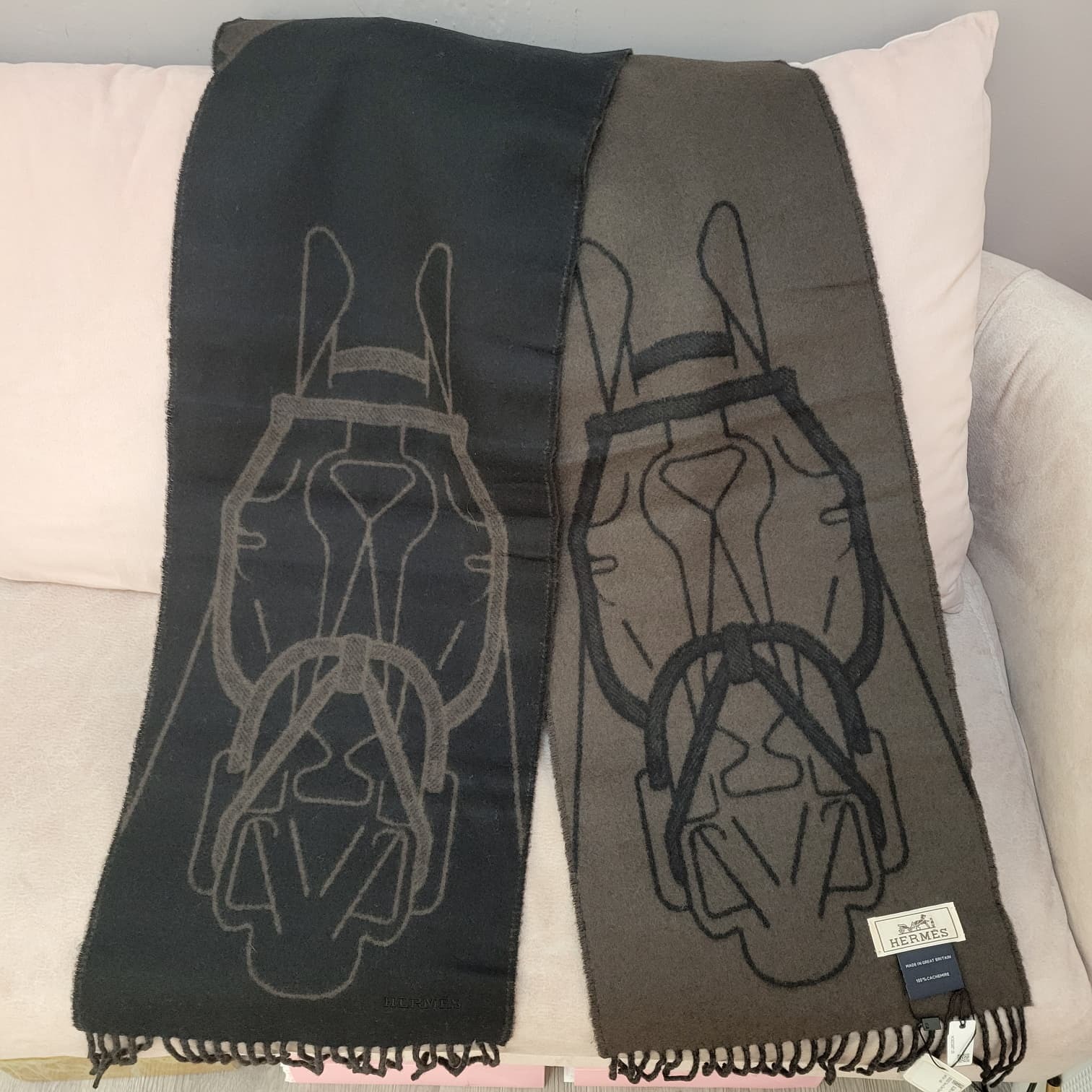 HERMES Tete-a-Tete Equestre scarf (MUFFLER) noir / café 圍巾