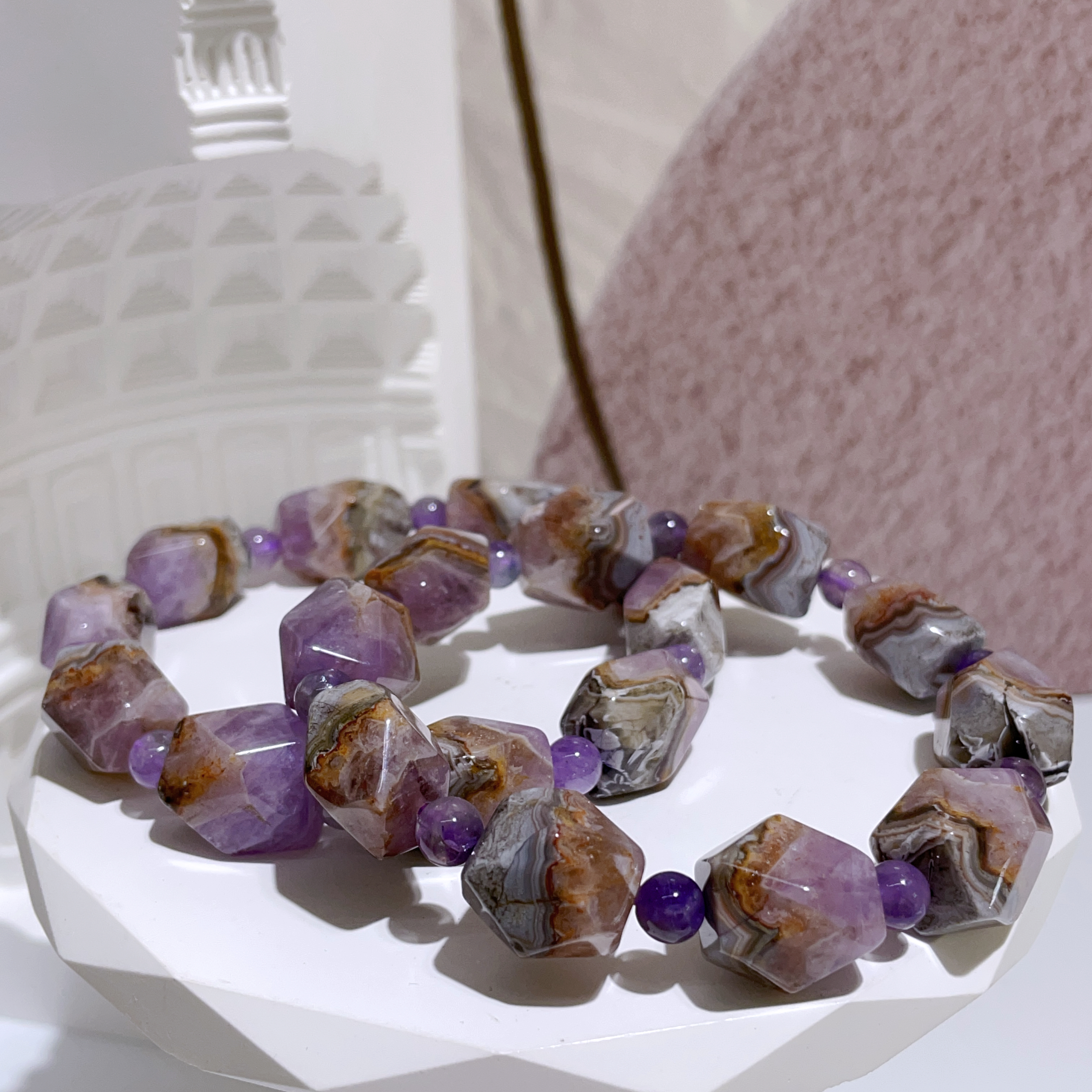 千層敦煌極光紫瑪瑙切割珠手串 13mm