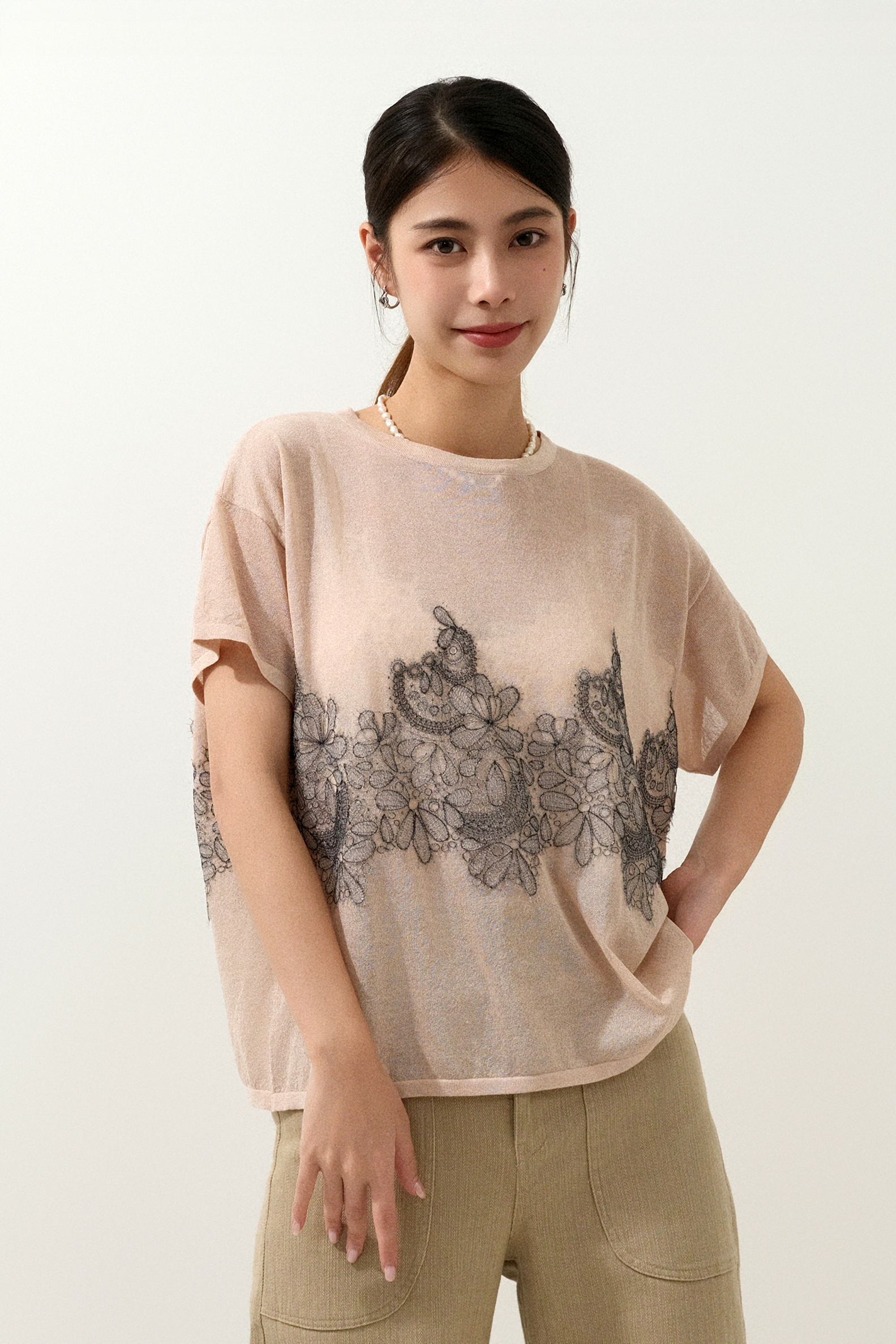 蕾絲大花邊透薄針織上衣 (預購產品）