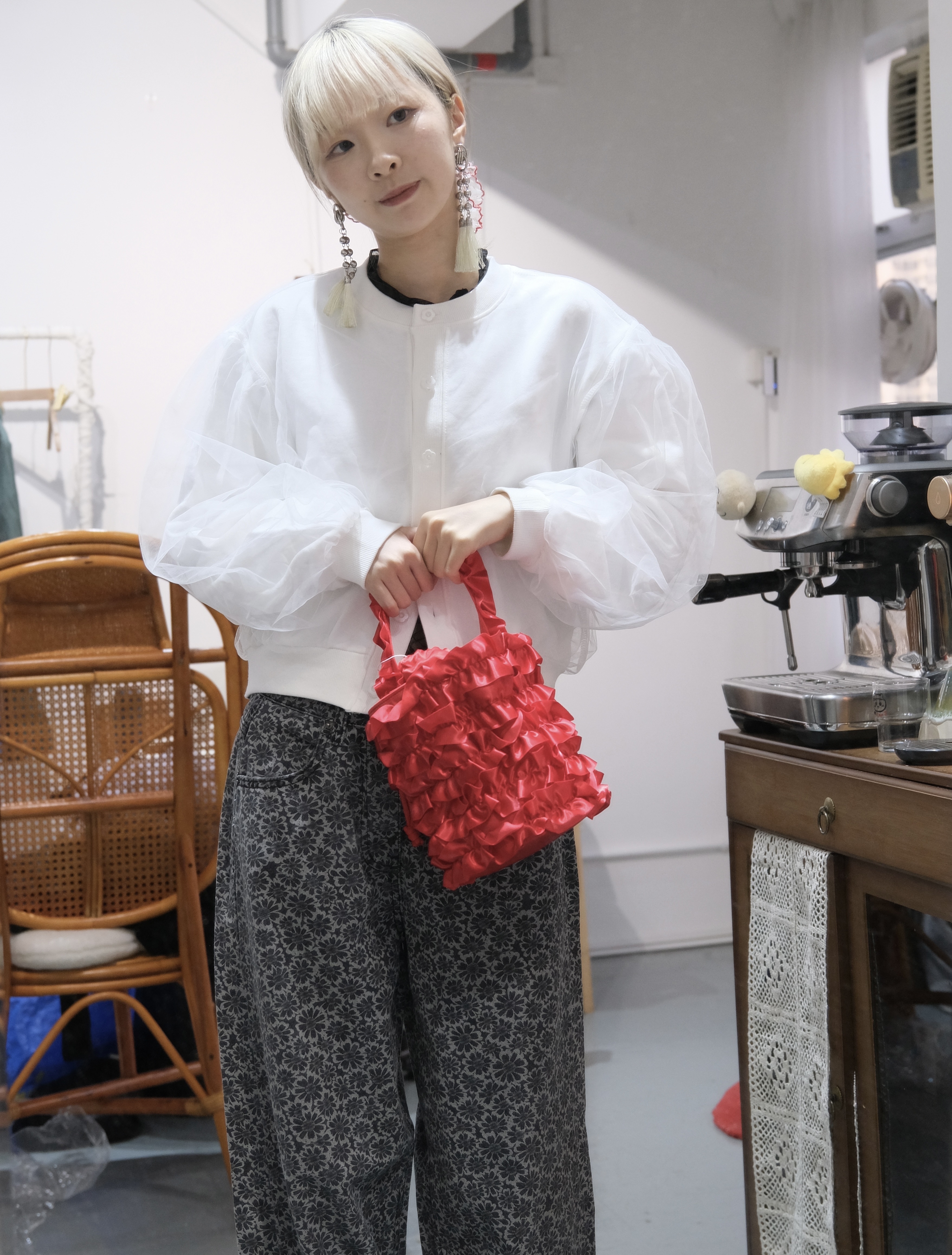 日系感花鈕扣拼紗紗短外套