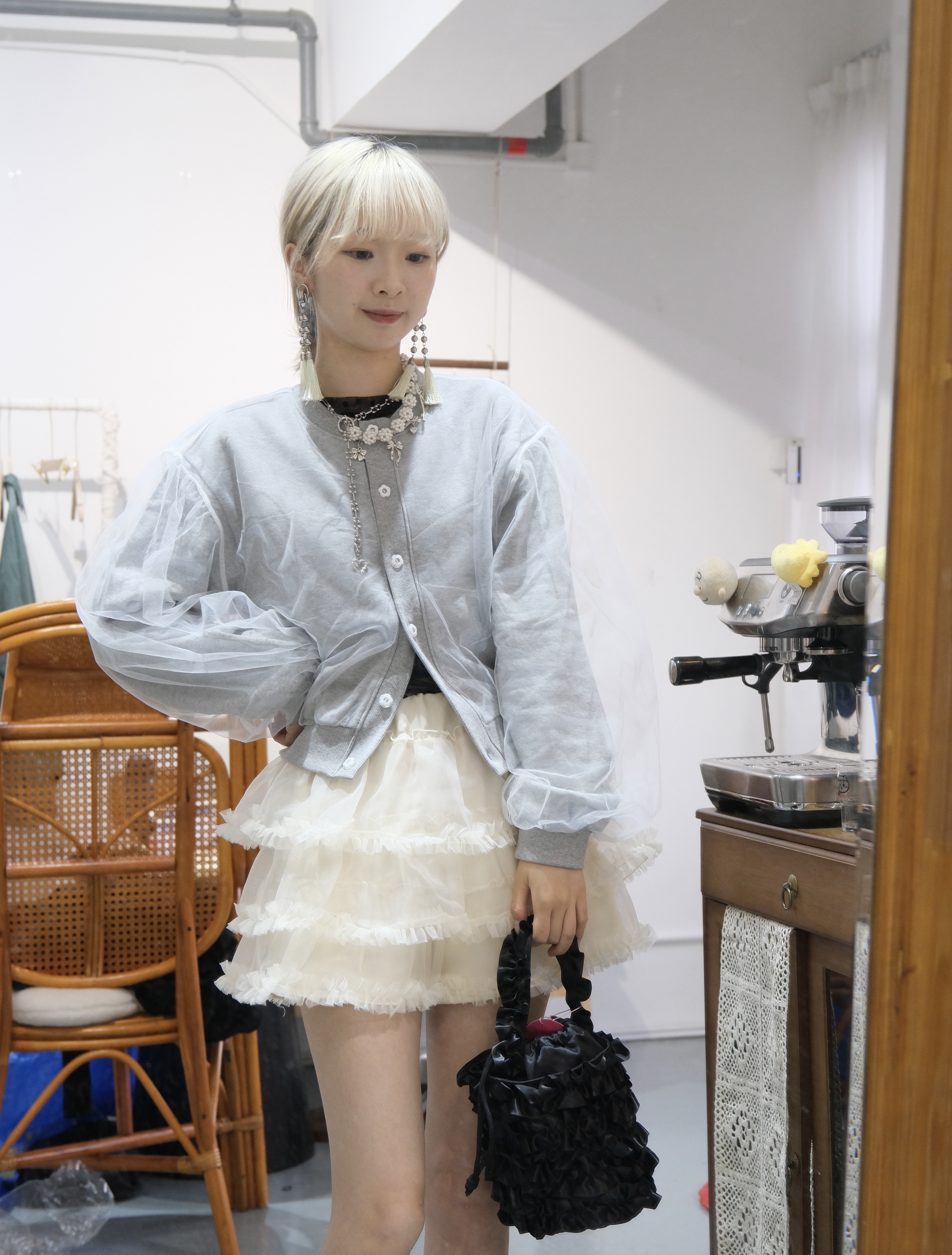 日系感花鈕扣拼紗紗短外套