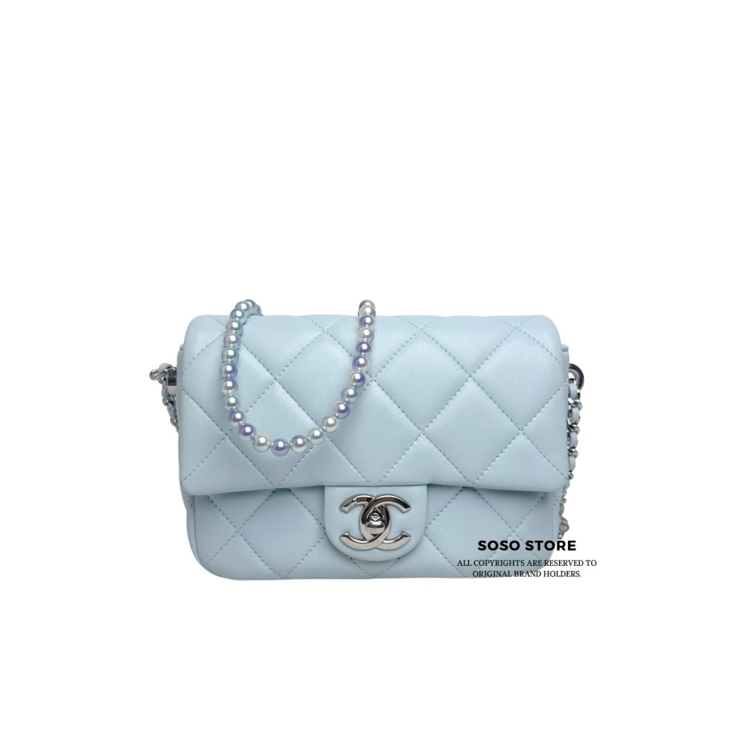 Chanel Mini Flap With Pearl Chain - Light Blue / Shw