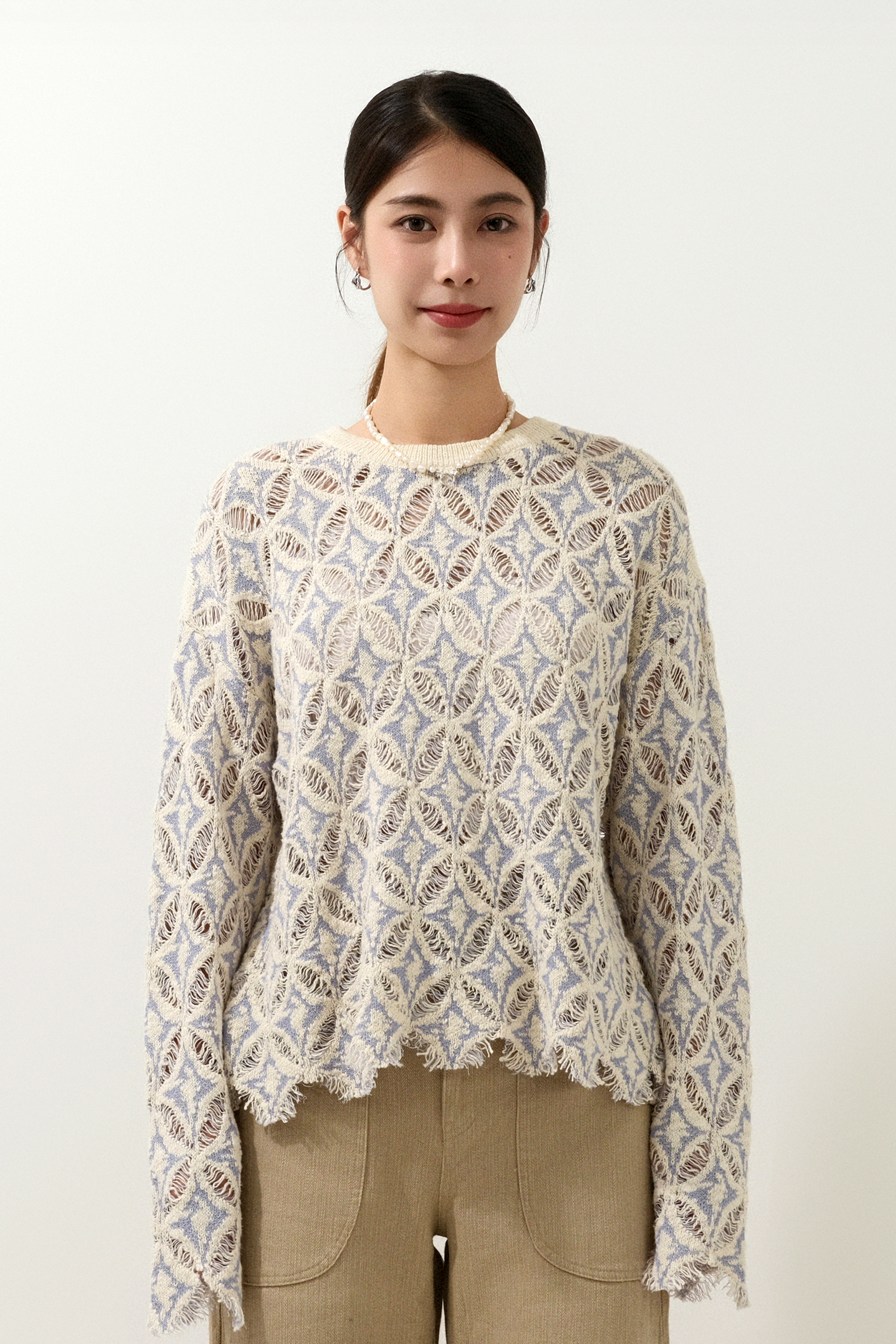 狗牙毛邊通花圈針織上衣  (現貨款式）