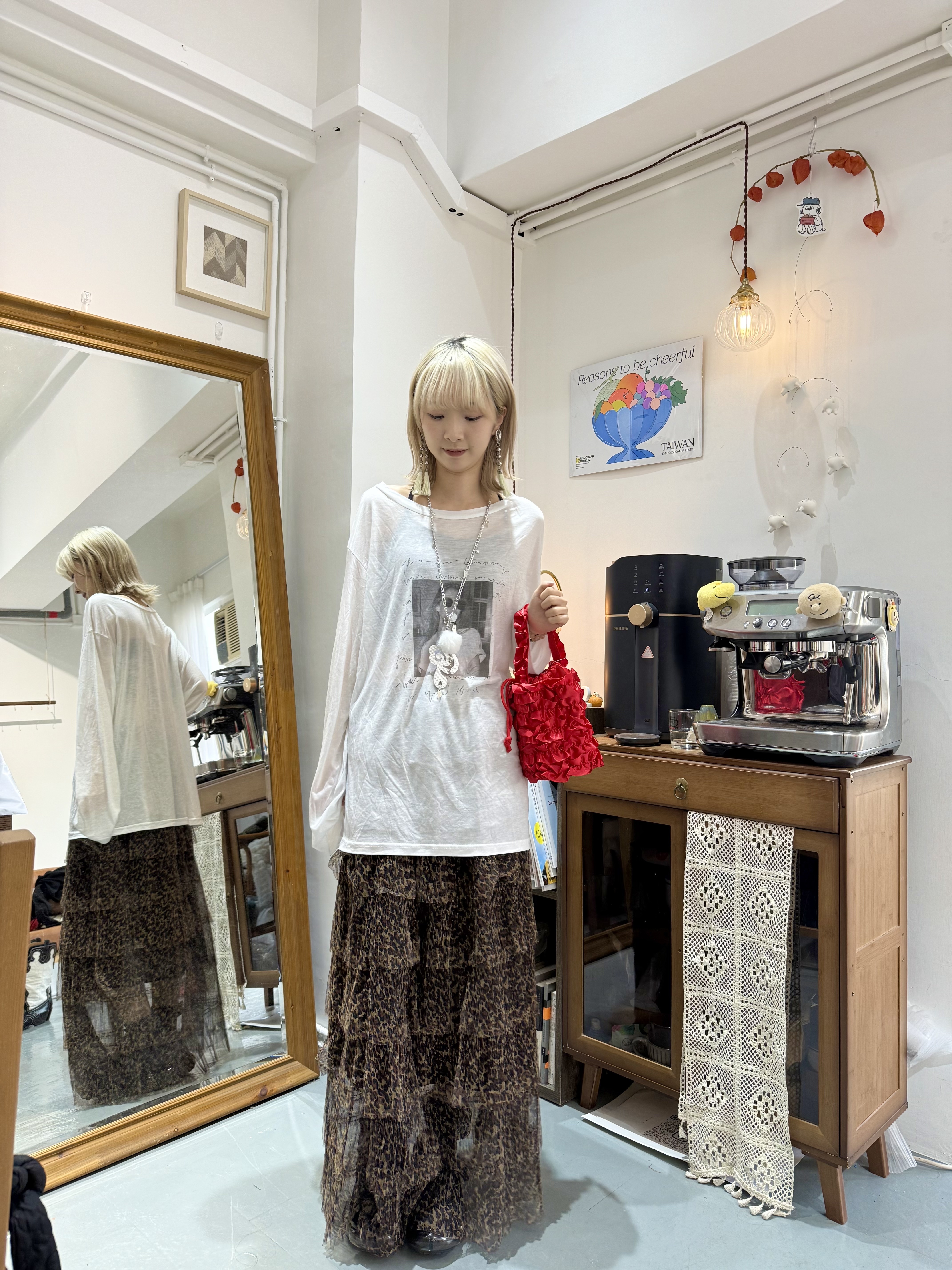 隨性感透薄斜肩Print Top