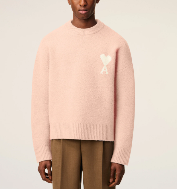 1LN0902-143 AMI Pink Alpaca Ami De Coeur Crewneck Sweater Powder/Off White #UKS836.KN0135.6807 (C-BR-E)