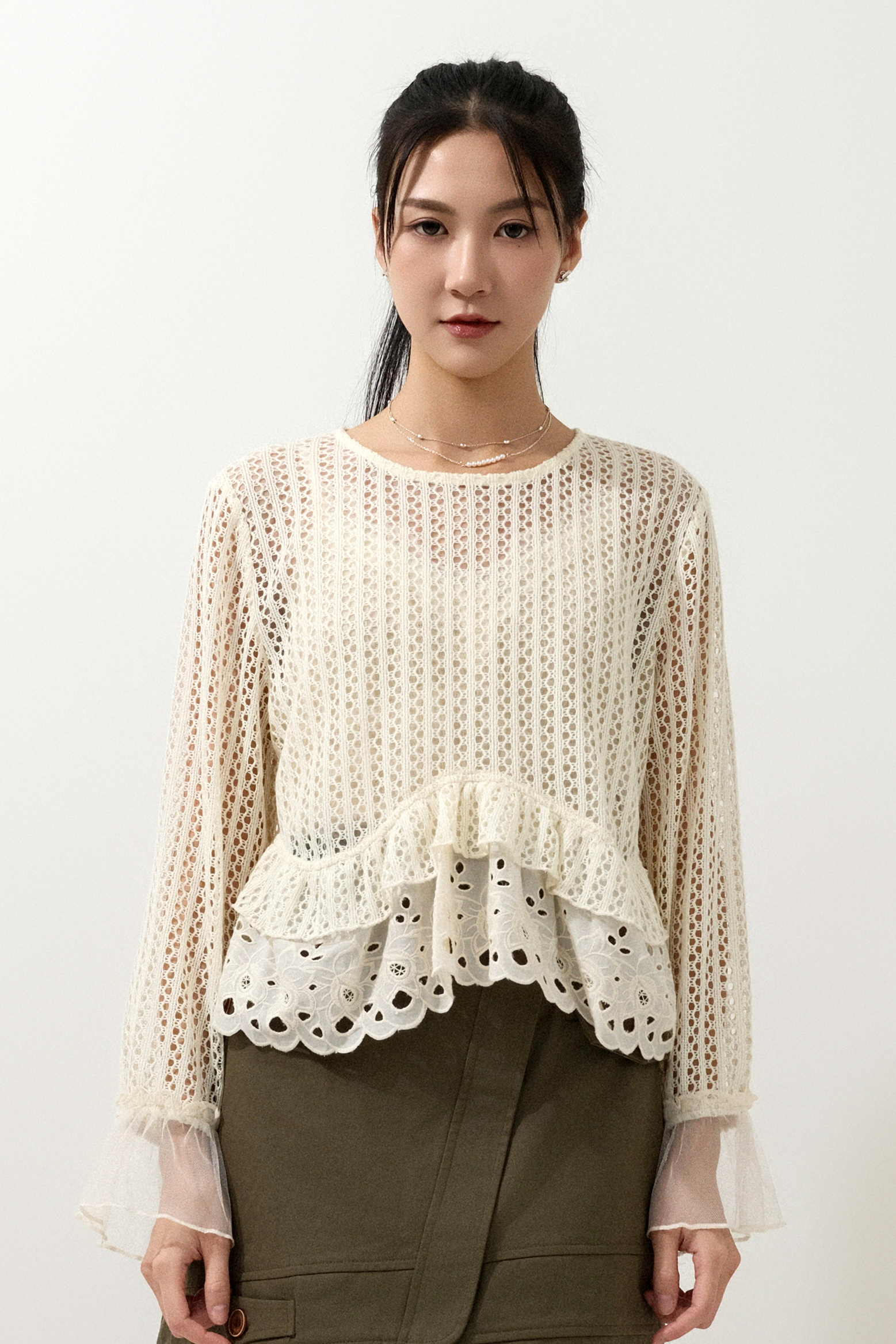 小傘腳紗袖通花上衣 (現貨款式）