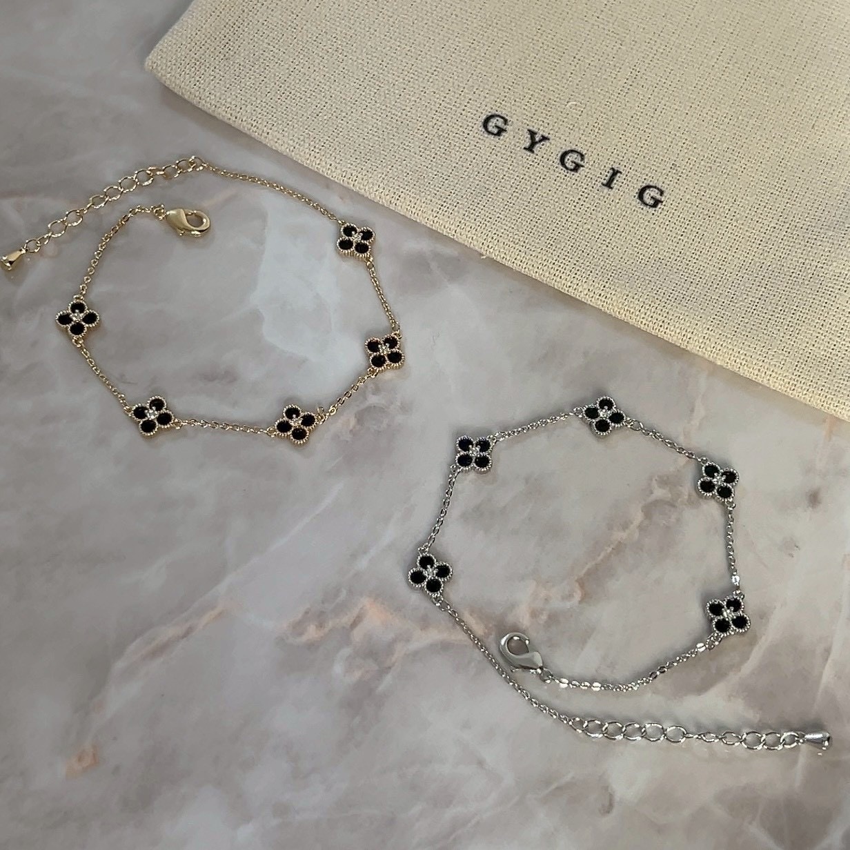 Gy”低奢黑釉金/銀mini小老花鑲鑽細手鍊