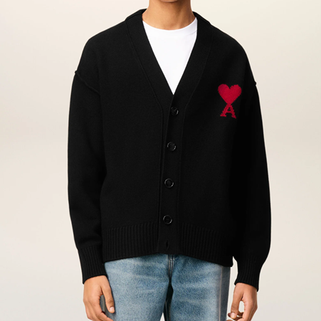 1LN0902-128 AMI Wool Ami De Coeur Cardigan Black#UKC367-018-009 (C-BR-E)