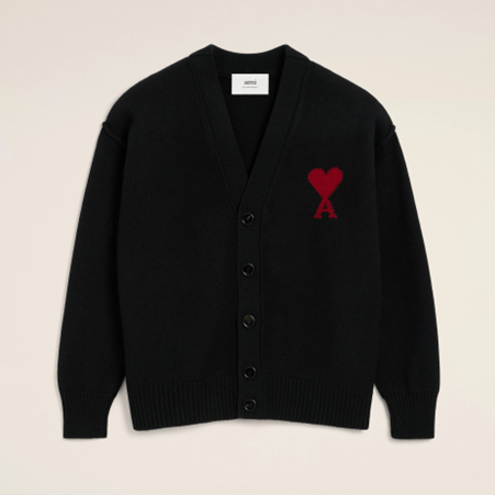 1LN0902-128 AMI Wool Ami De Coeur Cardigan Black#UKC367-018-009 (C-BR-E)