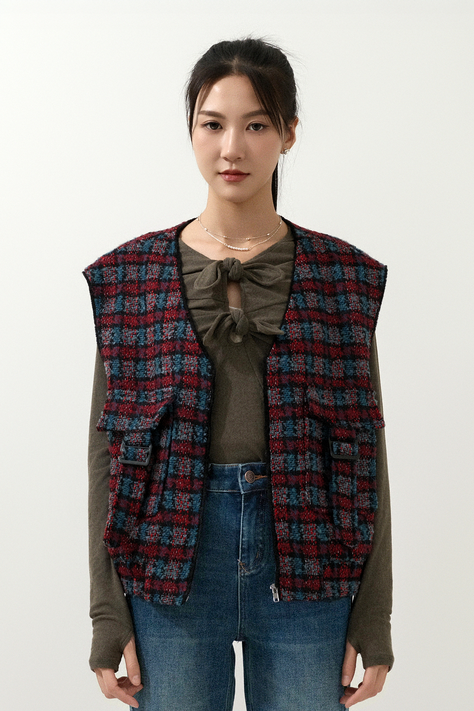 戶外風毛邊tweed背心外套 (現貨款式）