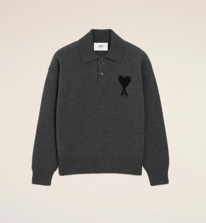 1LN0902-144 AMI Grey Wool Ami De Coeur Polo Heather Grey/Black #UPL409.018.0504 (C-BR-E)