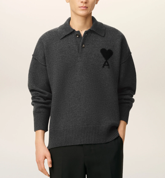1LN0902-144 AMI Grey Wool Ami De Coeur Polo Heather Grey/Black #UPL409.018.0504 (C-BR-E)