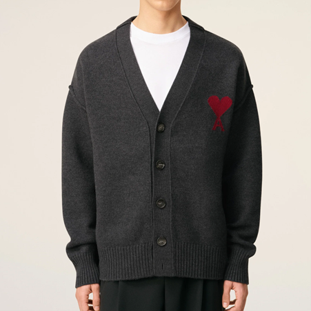 1LN0902-129 AMI Wool Ami De Coeur Cardigan Grey #UKC367-018-084 (C-BR-E)