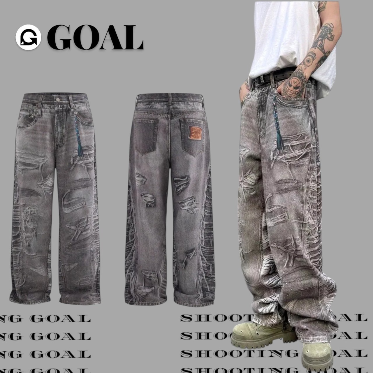 (GOAL) 美式復古3D鏈條闊腿落地褲 5283