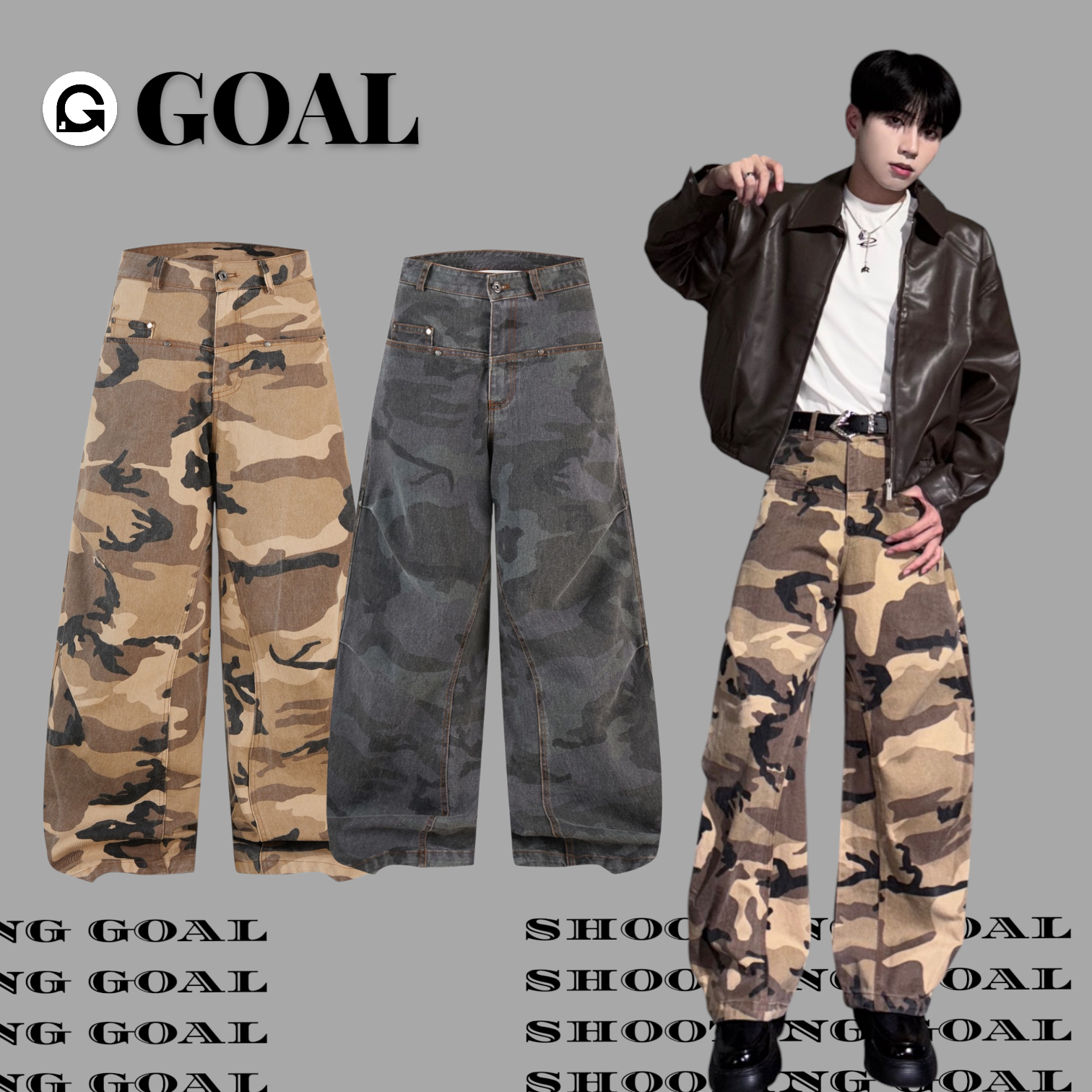 (GOAL) 美式雙腰設計迷彩工裝褲 小彎刀版型 ERHU 25033