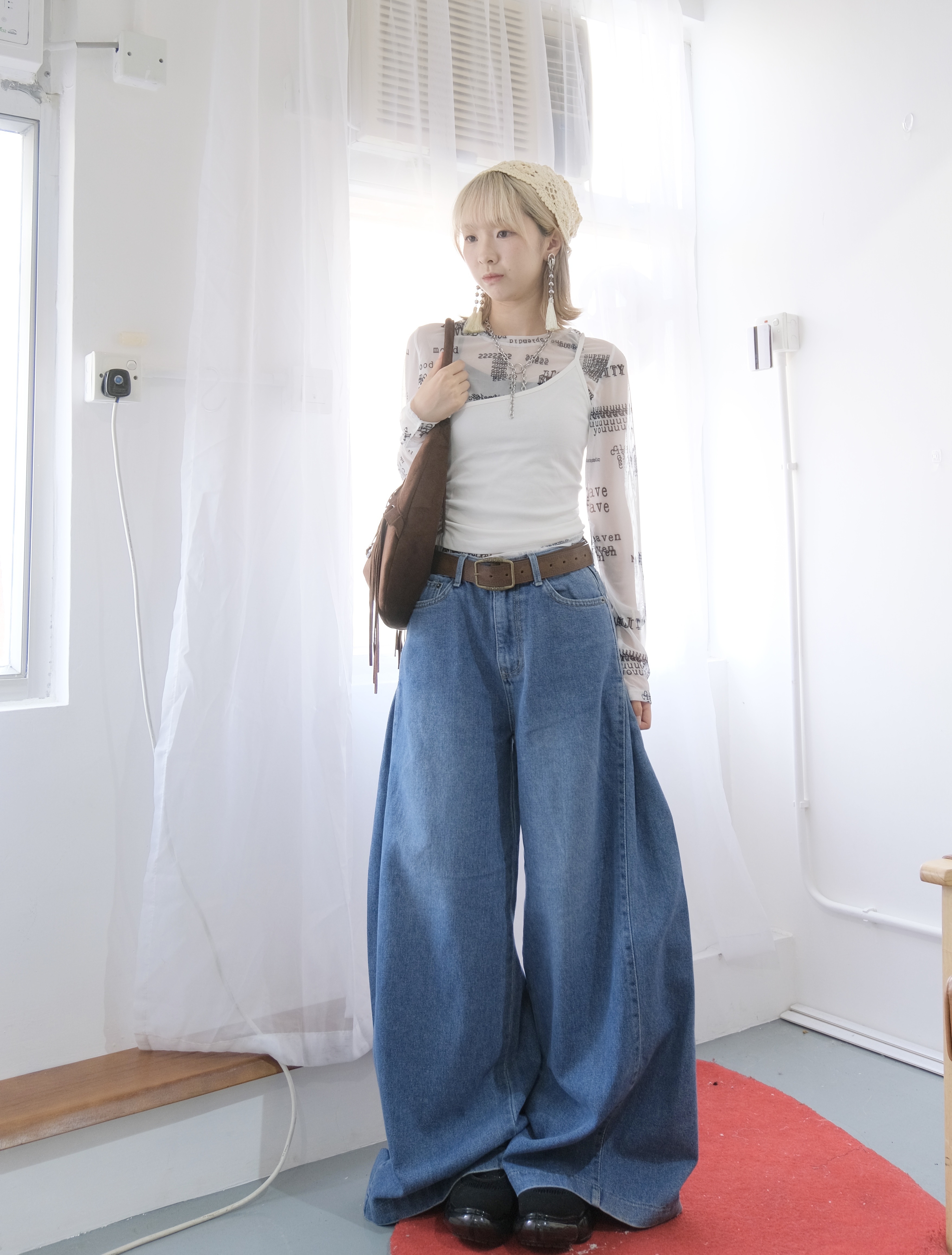 字母印花see-though Set Top