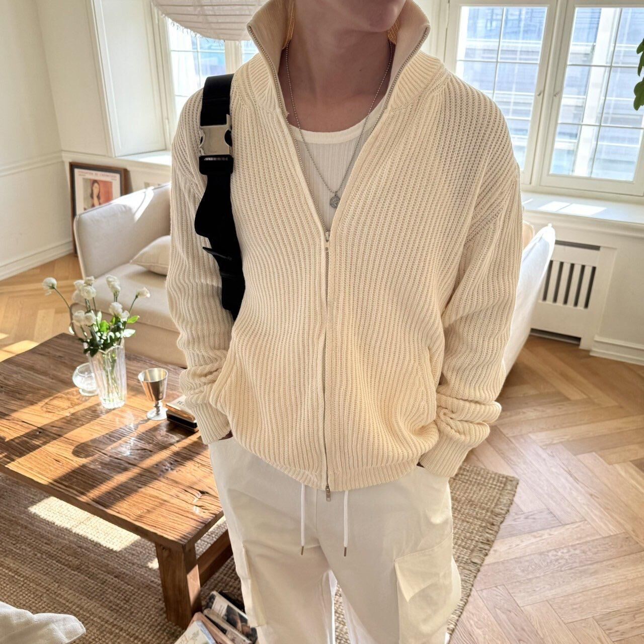 企領暗直紋拉鍊針織外套 BY-442JK