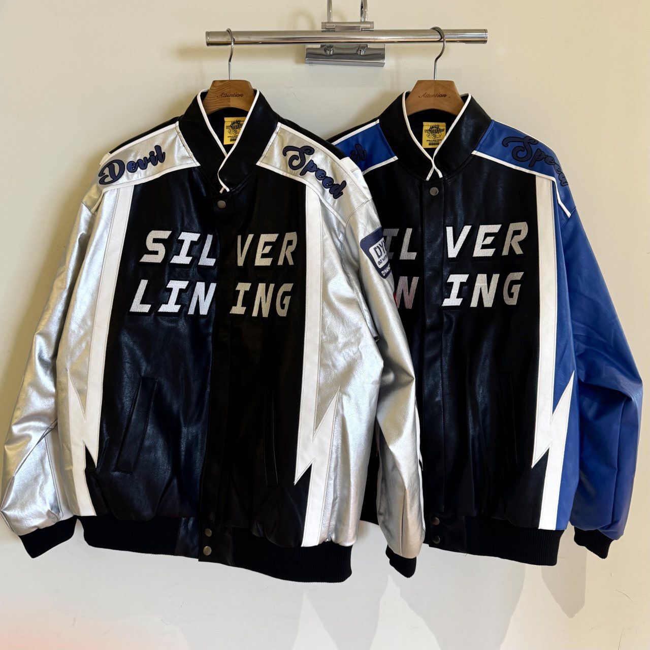 拼色英文字拉鍊合成皮褸(薄夾棉) BY-446JK