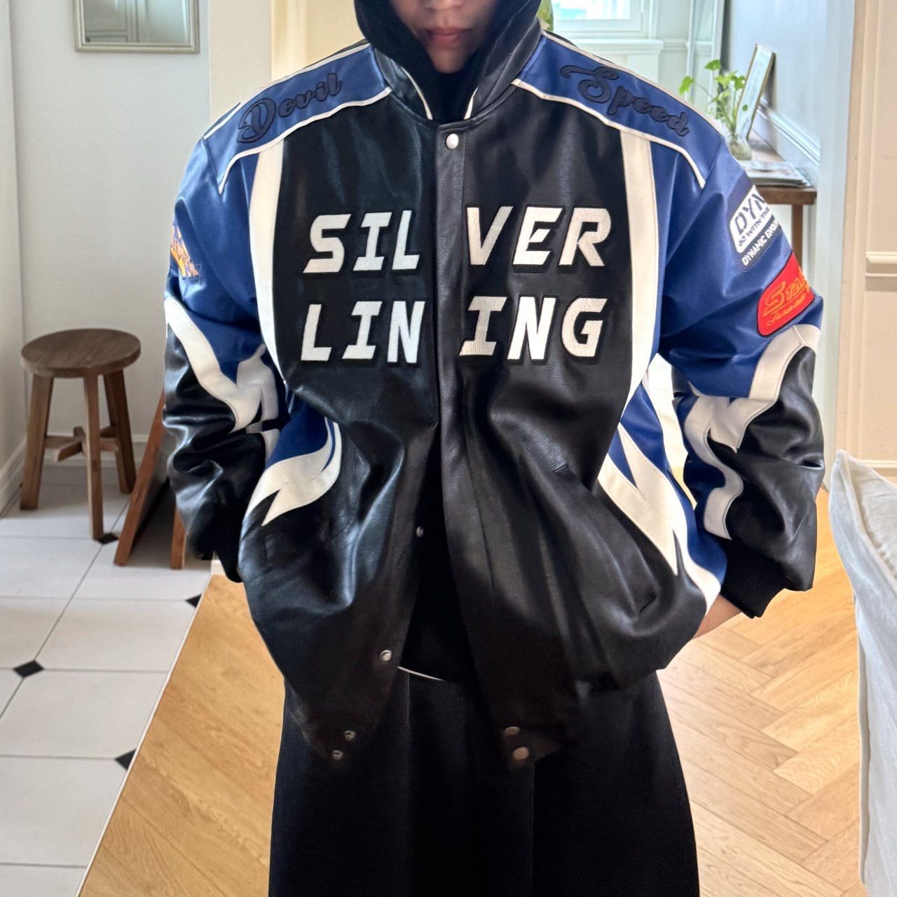 拼色英文字拉鍊合成皮褸(薄夾棉) BY-446JK