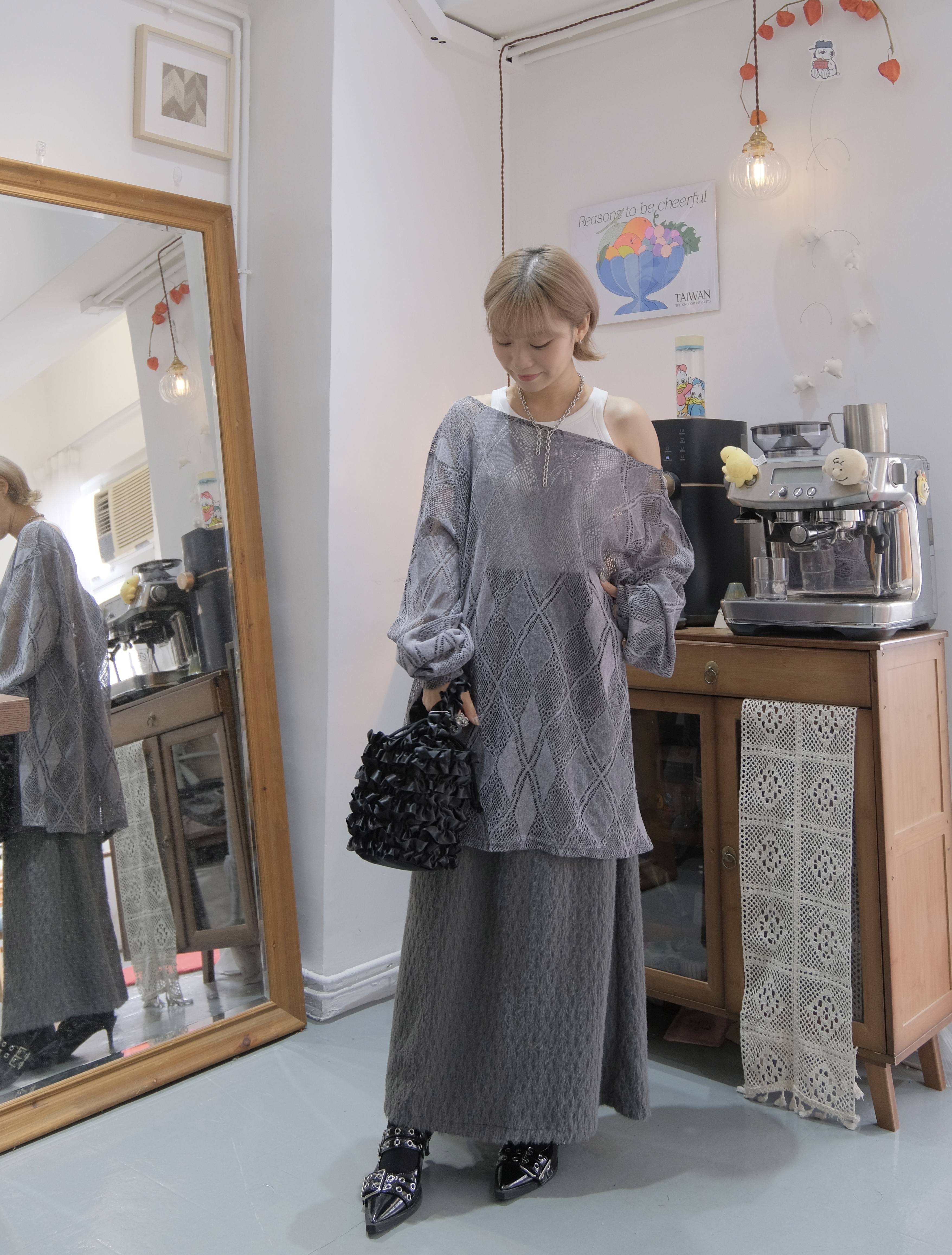 低調菱格紋針織Oversize top