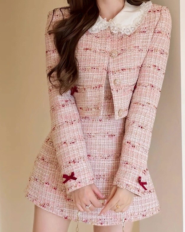 設計師家紅粉混色蝴蝶結香風外套+短褲