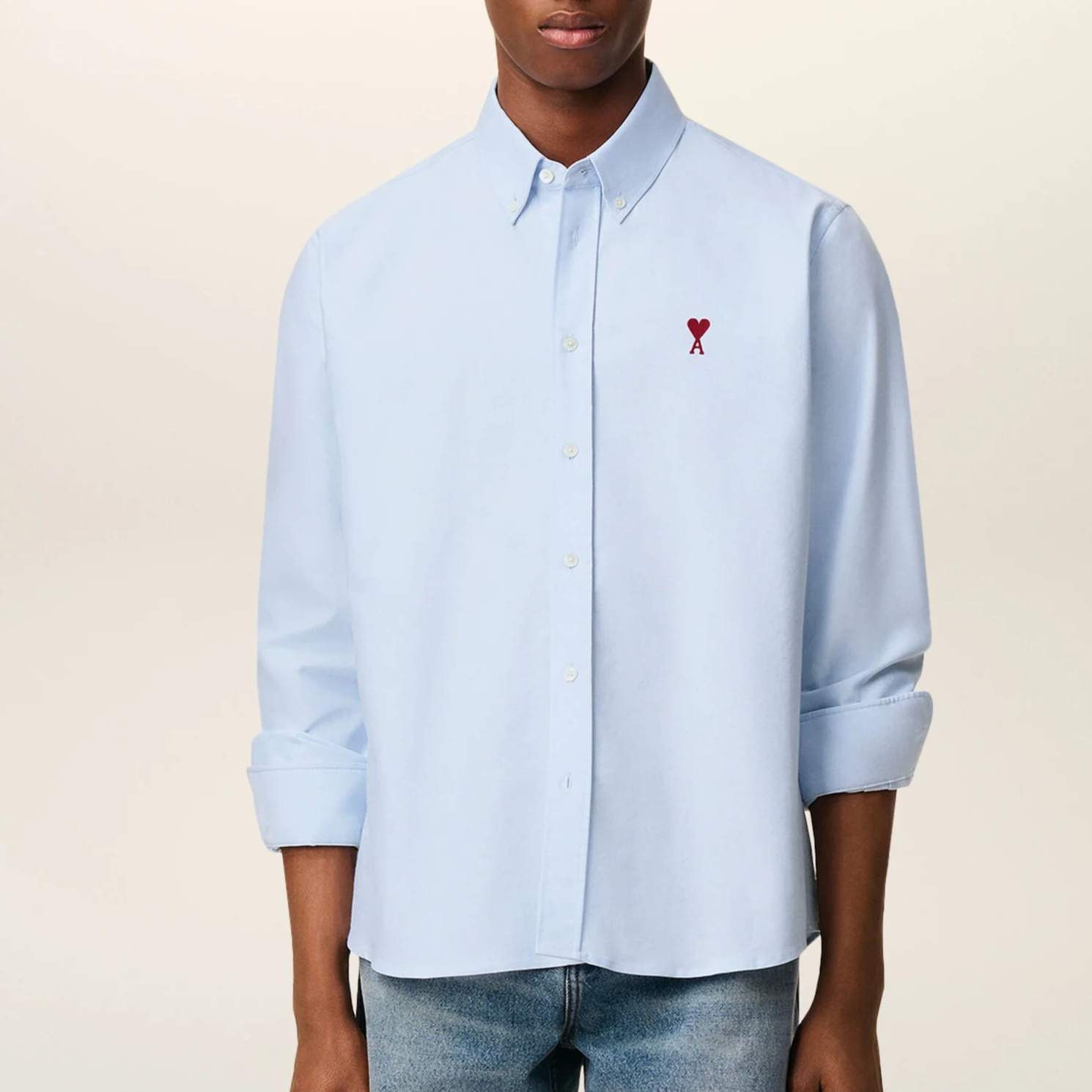 1FF1006-030 AMI Cotton Button-Down Ami de Coeur Shirt Blue #BFUSH063.CO0031.450 (C-EU-E)