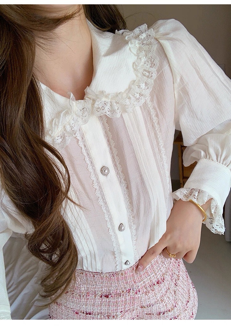 設計師家燈籠袖領邊蕾絲襯衫