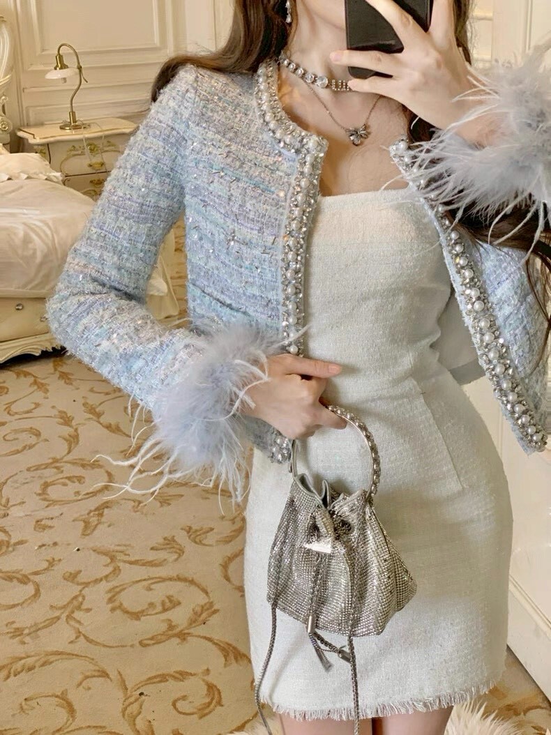 重工藍紫色邊條珍珠鑽手袖毛香風外套