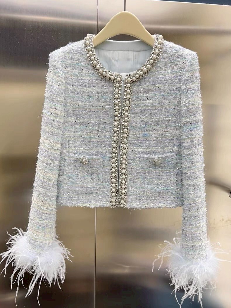 重工藍紫色邊條珍珠鑽手袖毛香風外套