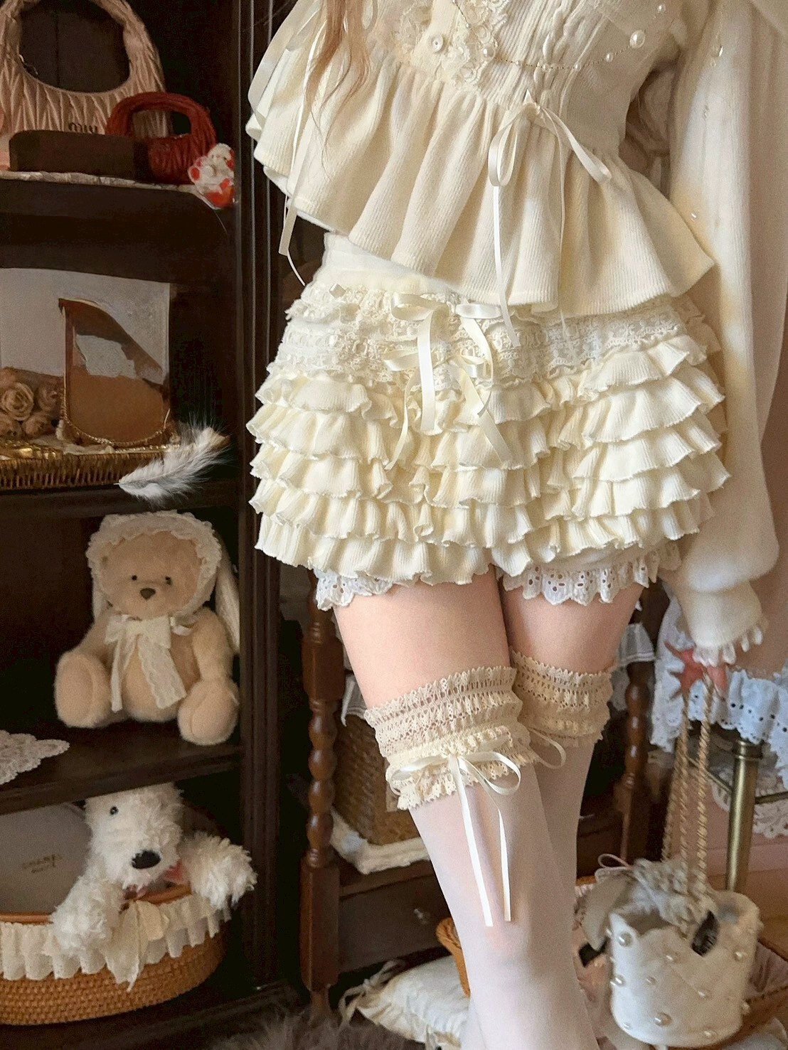 設計師坑條細針織拼接蕾絲腰封感蛋糕褲