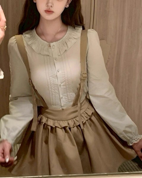 設計師家純棉藍灰色荷葉領收腰襯衫+吊帶可拆卡其色吊帶裙