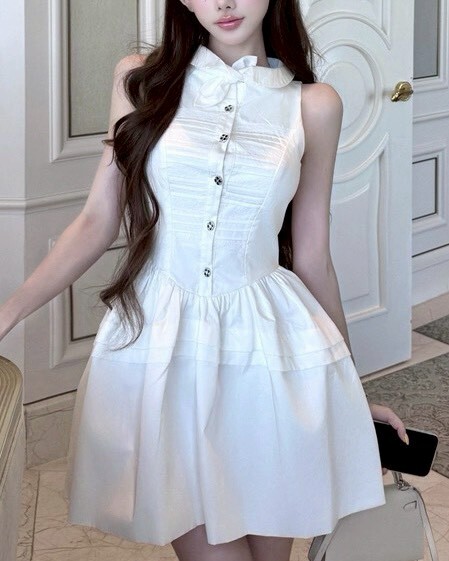 設計師家領綁帶造型拼接蕾絲收腰洋裝