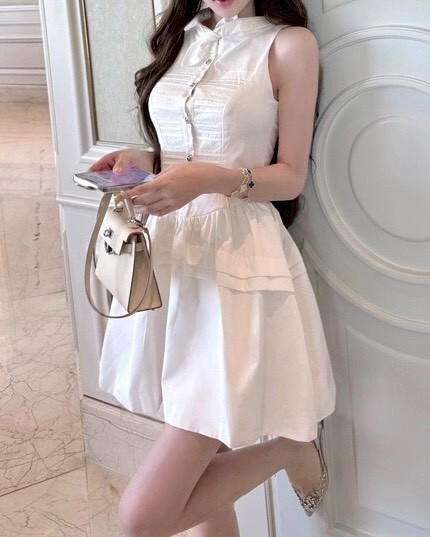 設計師家領綁帶造型拼接蕾絲收腰洋裝