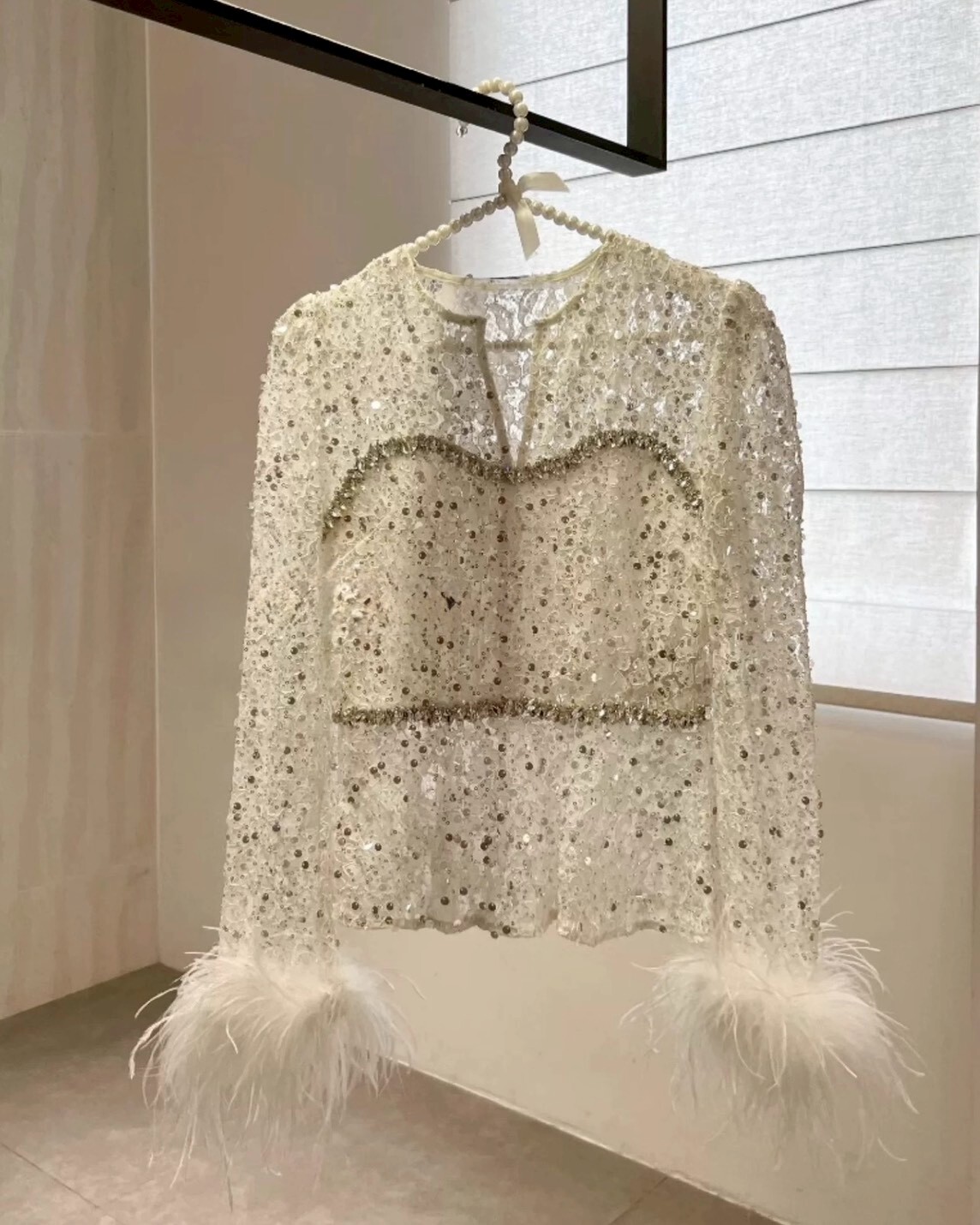 設計師家超重工蕾絲鑽飾袖接羽毛上衣