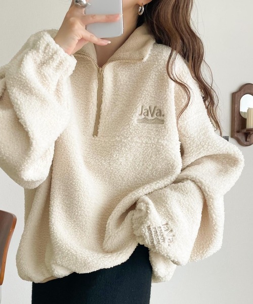 日本🇯🇵連線 JAVA 刺繡羊毛羔半拉鍊套頭衫 寬鬆 套頭衫 刺繡 長袖 保暖上衣 3色(任買兩件711免運)/預購