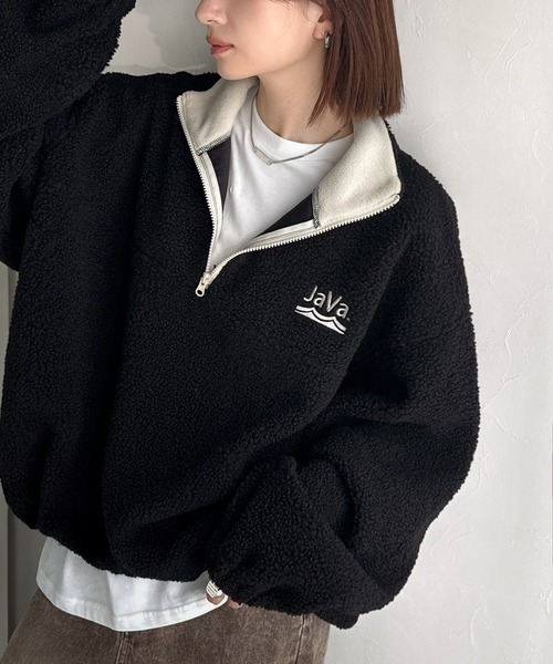 日本🇯🇵連線 JAVA 刺繡羊毛羔半拉鍊套頭衫 寬鬆 套頭衫 刺繡 長袖 保暖上衣 3色(任買兩件711免運)/預購