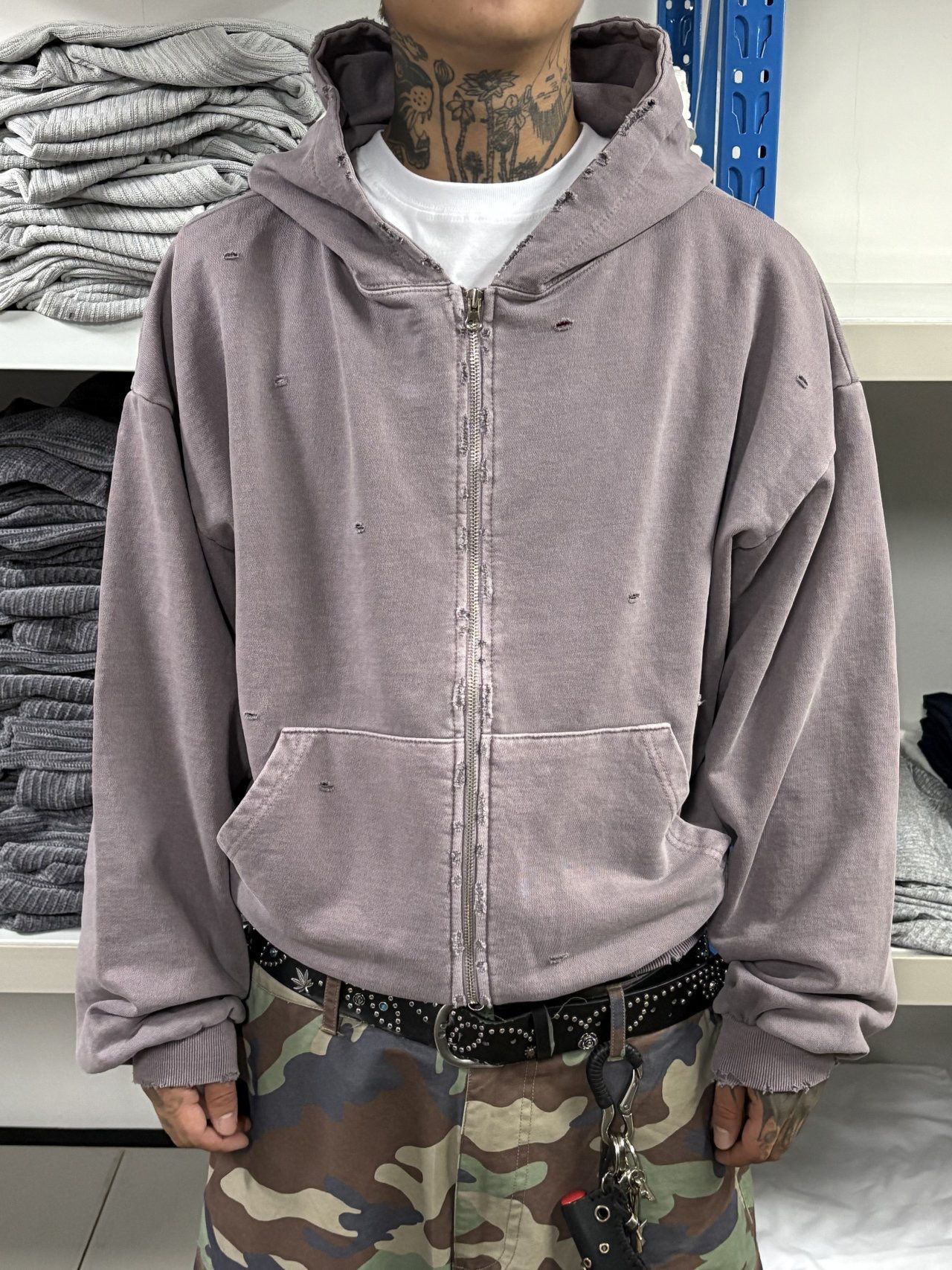 洗水淨色破洞連帽拉鍊Boxy外套 SCOPE-114JK