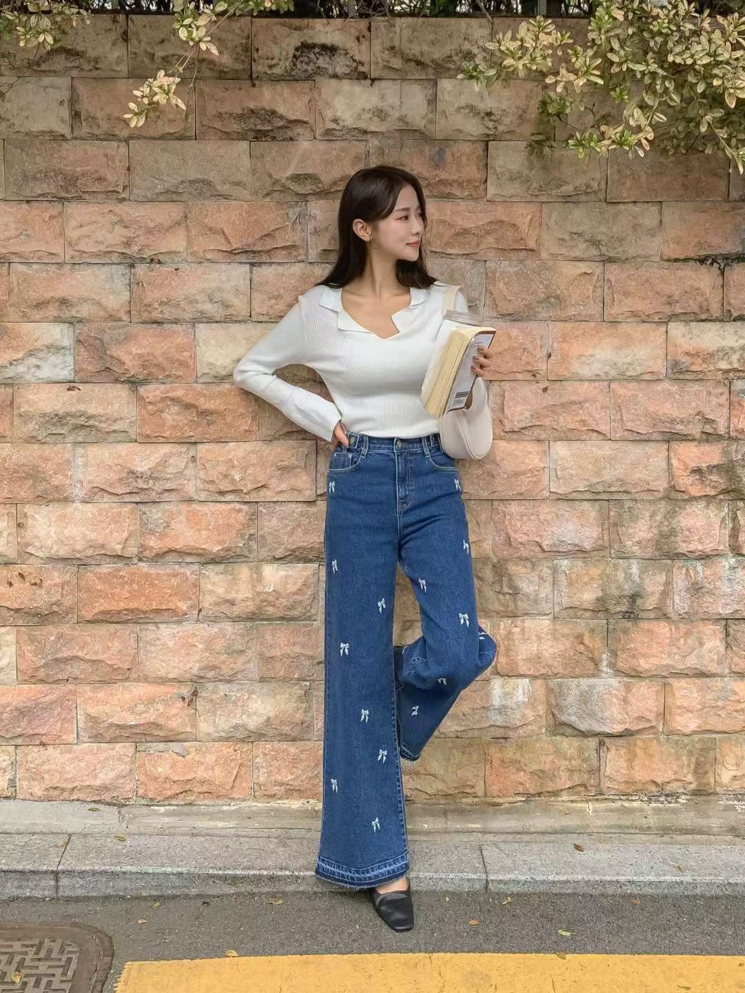 1051蝴蝶結刺繡牛仔長褲