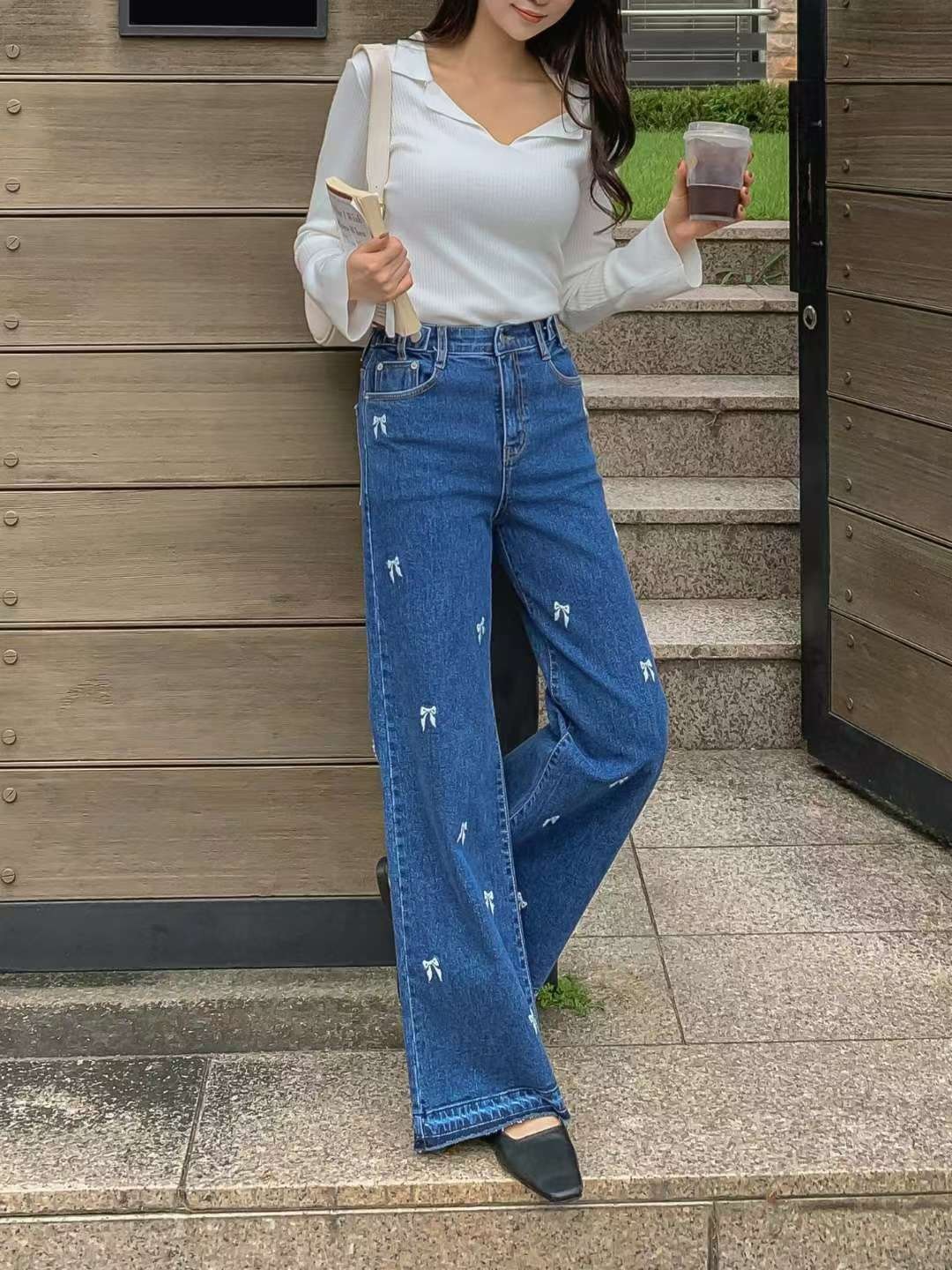 1051蝴蝶結刺繡牛仔長褲