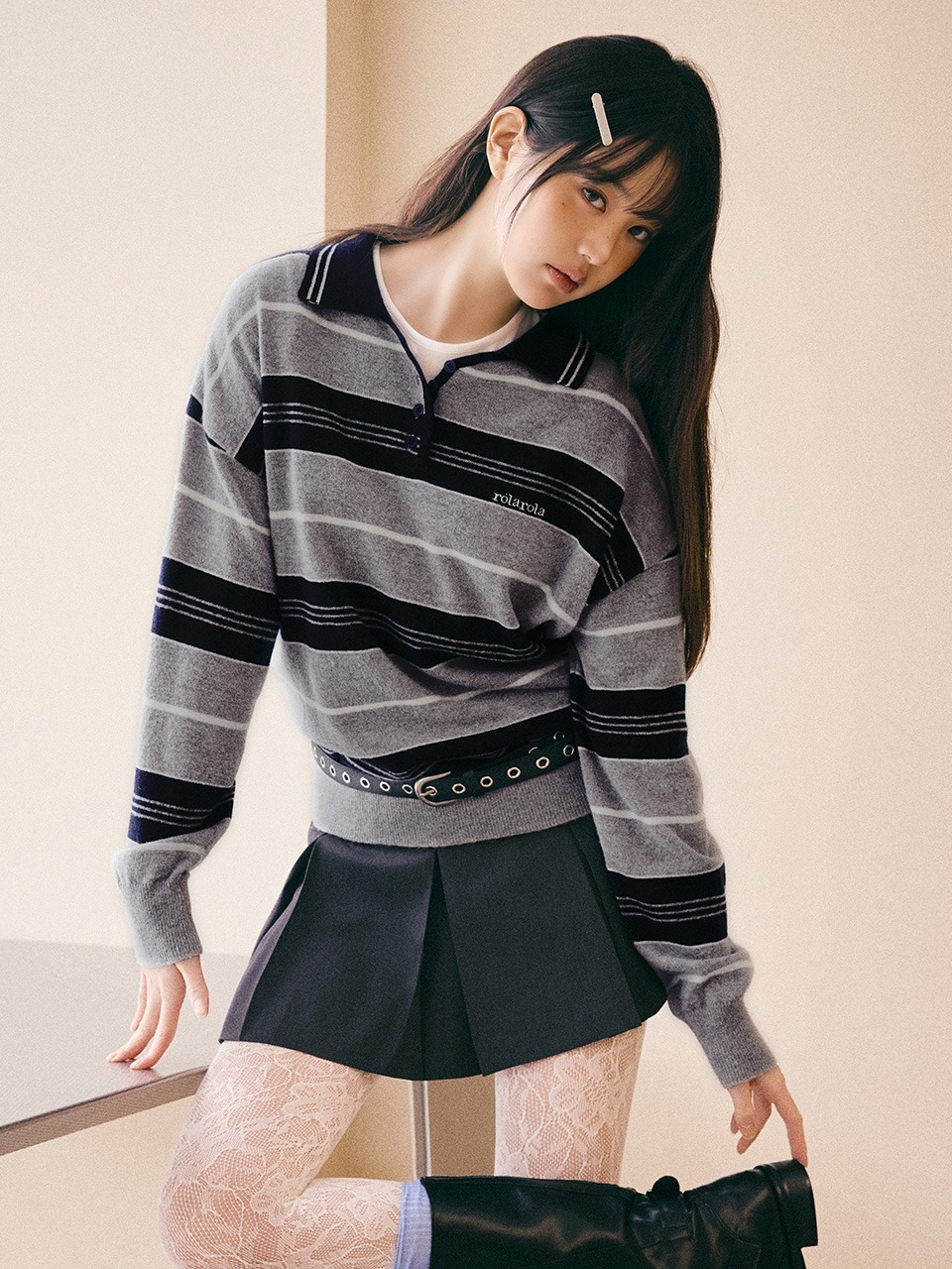 ROLAROLA ALPACA STRIPE COLLAR KNIT